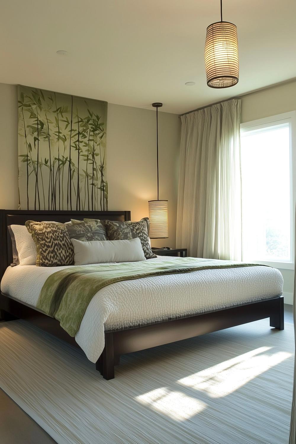 chambre zen japonisante bois foncé vert eau