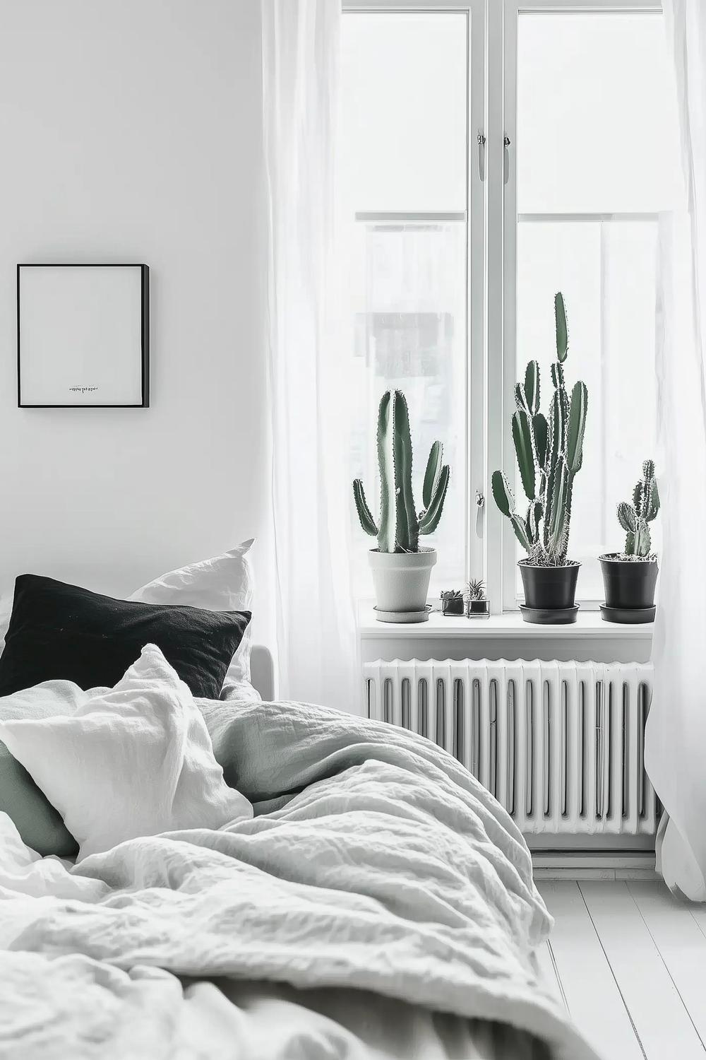 chambre hygge noire blanche lin cactus