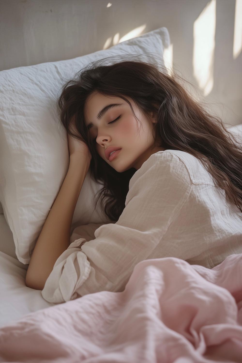 femme endormie lit rose pale ambiance cocooning déco