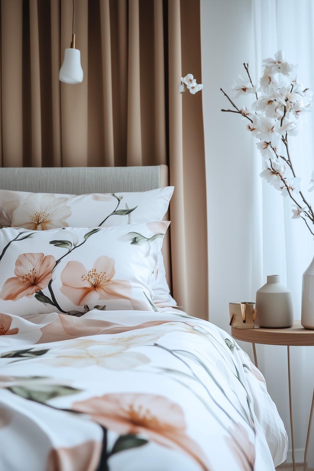 chambre beige couette percale satin coton motif fleur