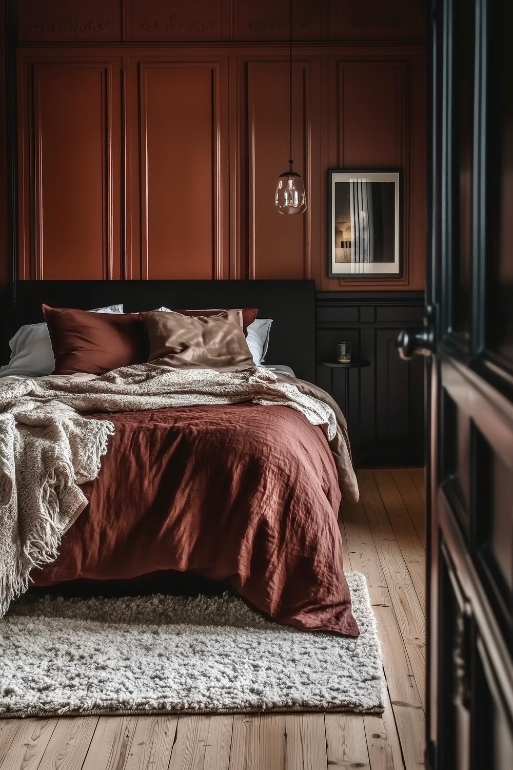 chambre peinture chocolat soubassement noir moulures