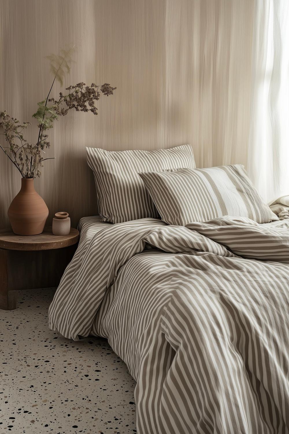 draps hypoallergéniques rayures taupe coton biologique