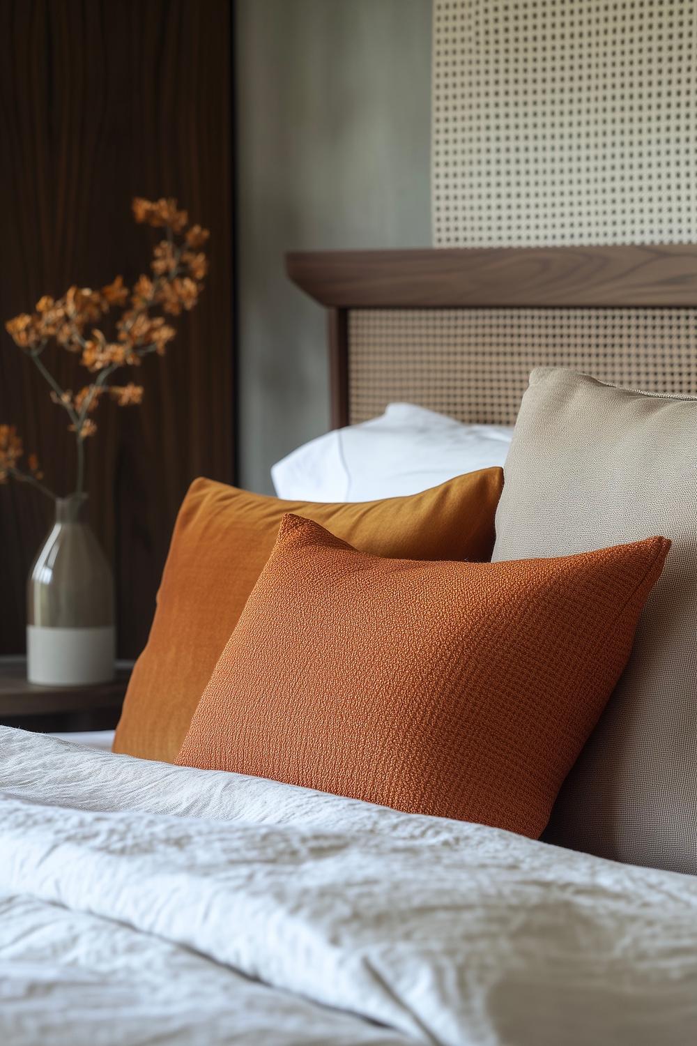 idée déco chambre orange bois foncé cannage