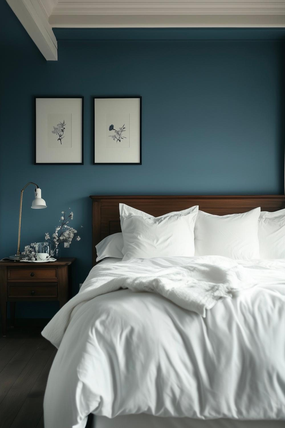 mur bleu tête de lit bois foncé déco chic