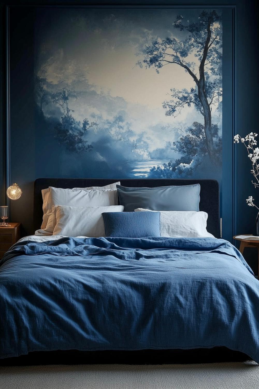 décoration bleue nuit papier peint fresque florale