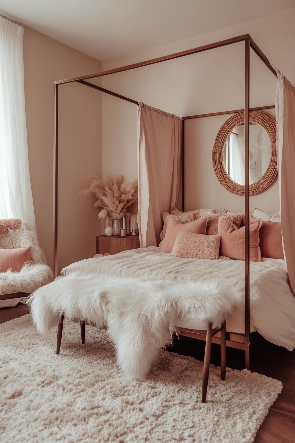 lit baldaquin banc fausse fourrure rose blanche