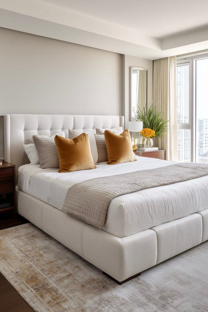 chambre contemporaine beige coussins camel élégants