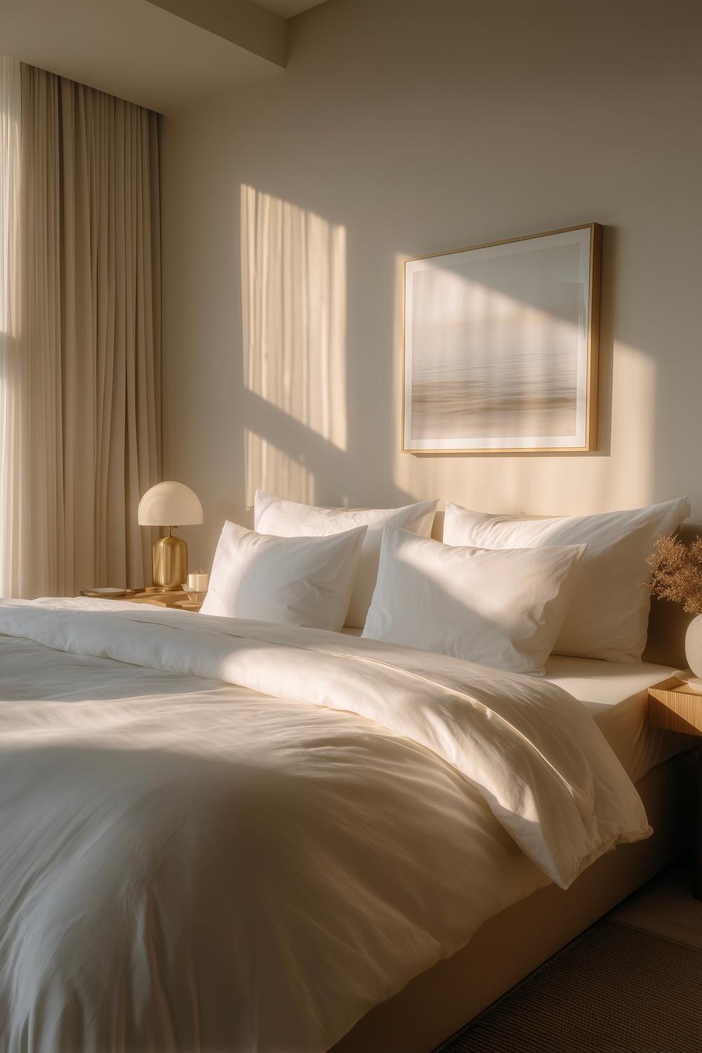 chambre hotel chic linge blanc lumière dorée