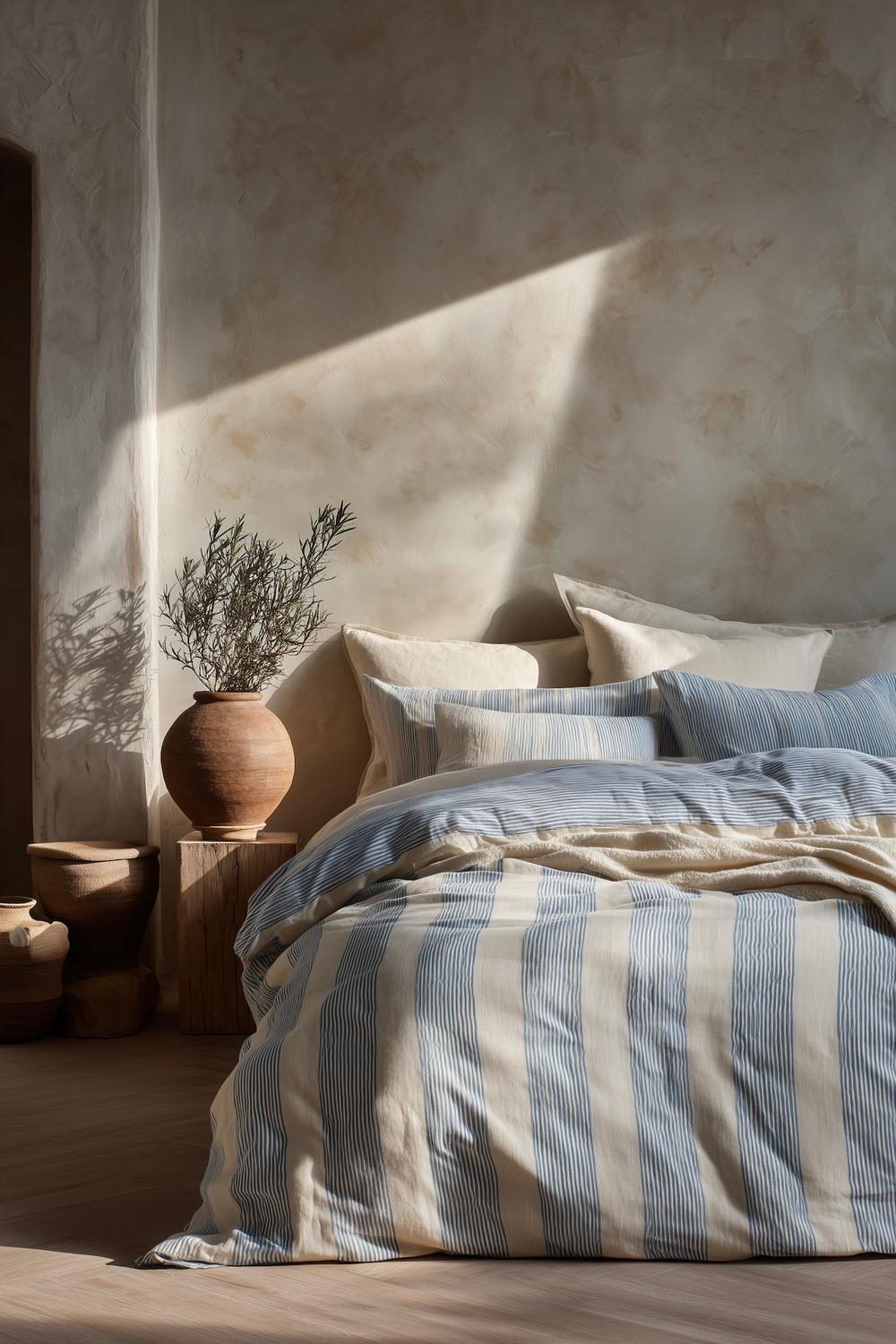 chambre style méditerranéen linge lit rayé bleu