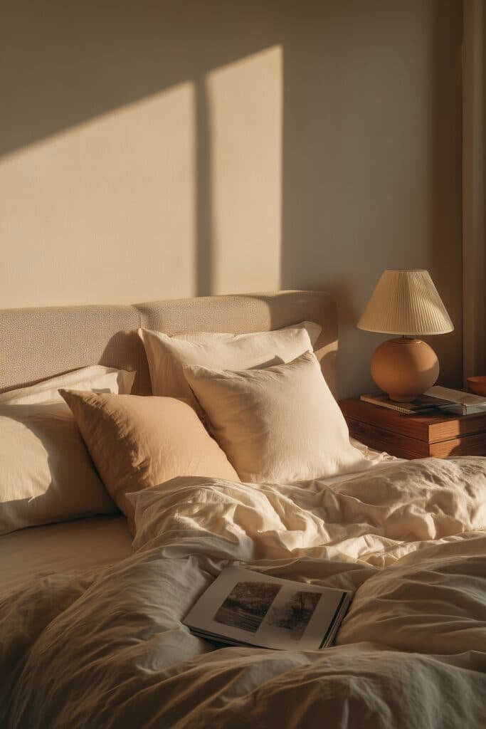 chambre minimaliste beige lumière naturelle ambiance douce