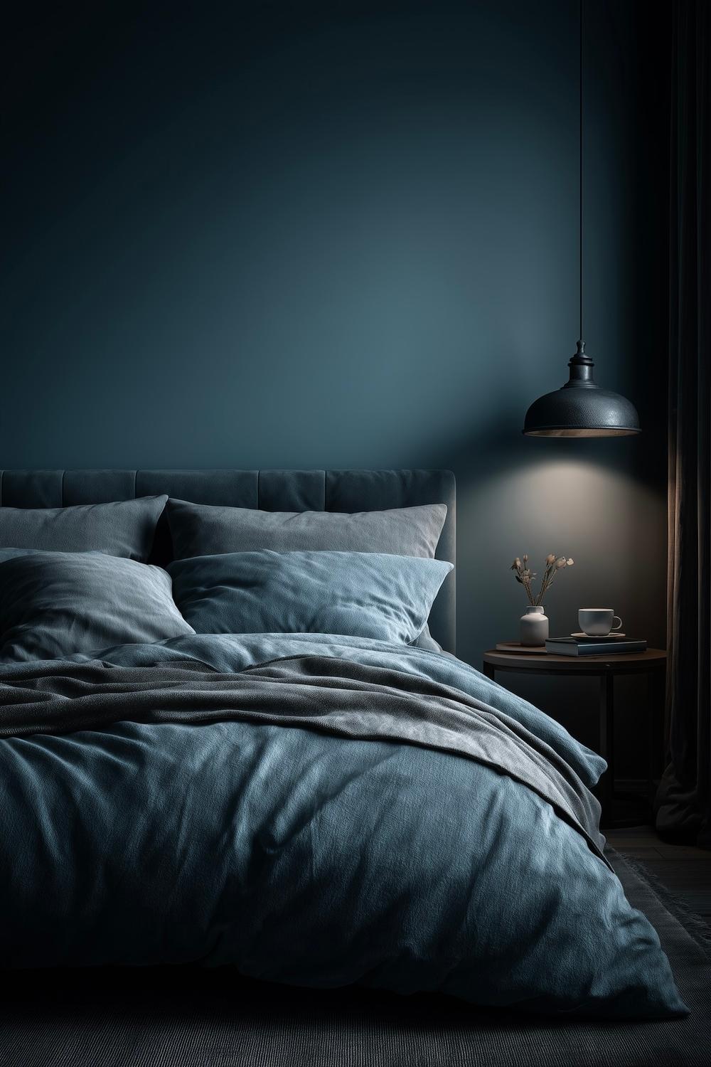 chambre mur bleu nuit linge de lit bleu suspension