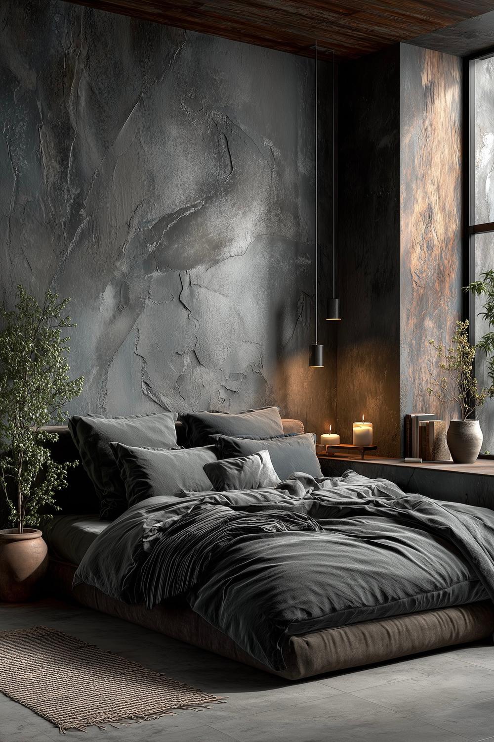 chambre mur texture anthracite lit bas suspensions