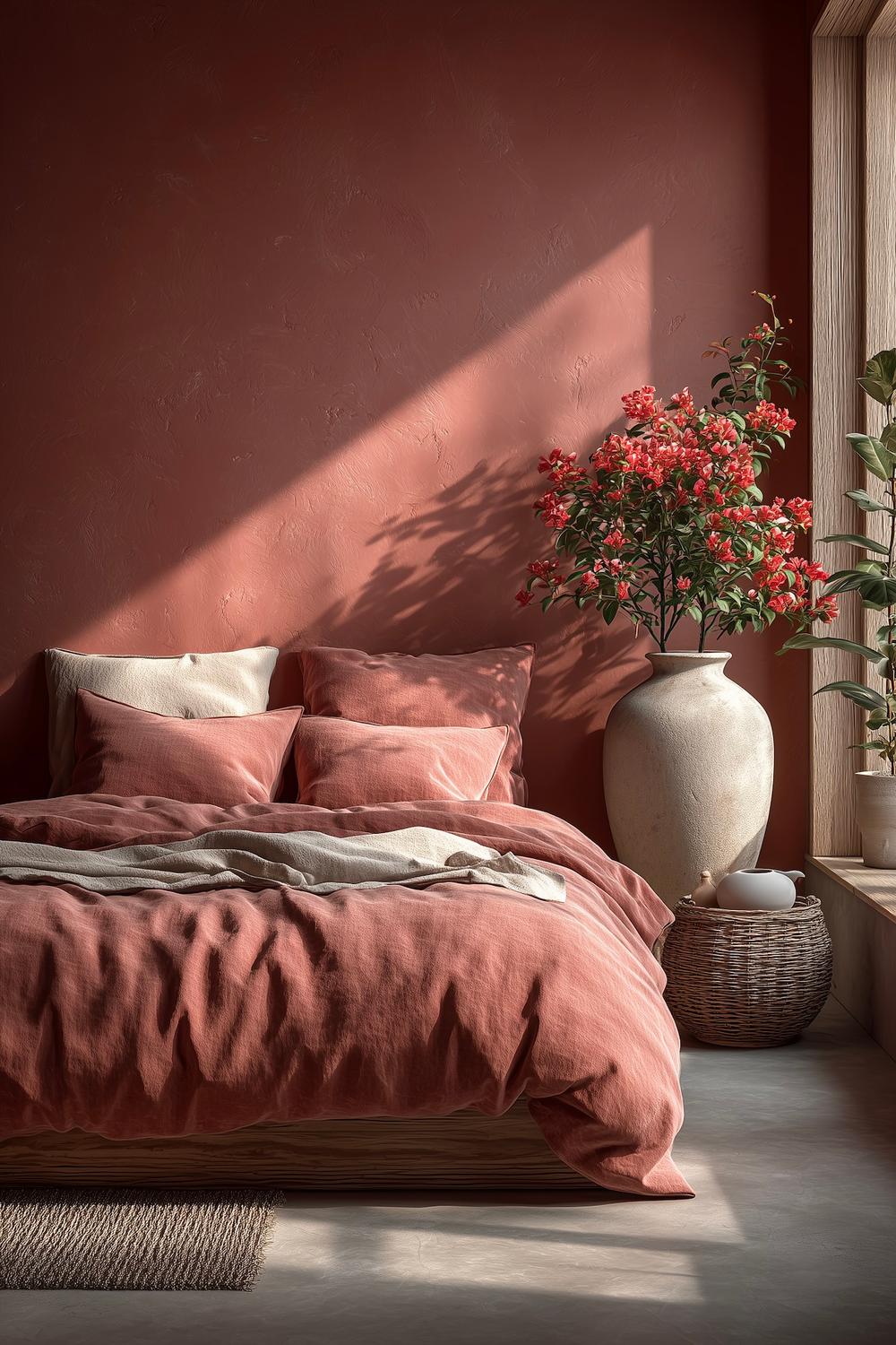 chambre mur terracotta linge lin rose vase xl