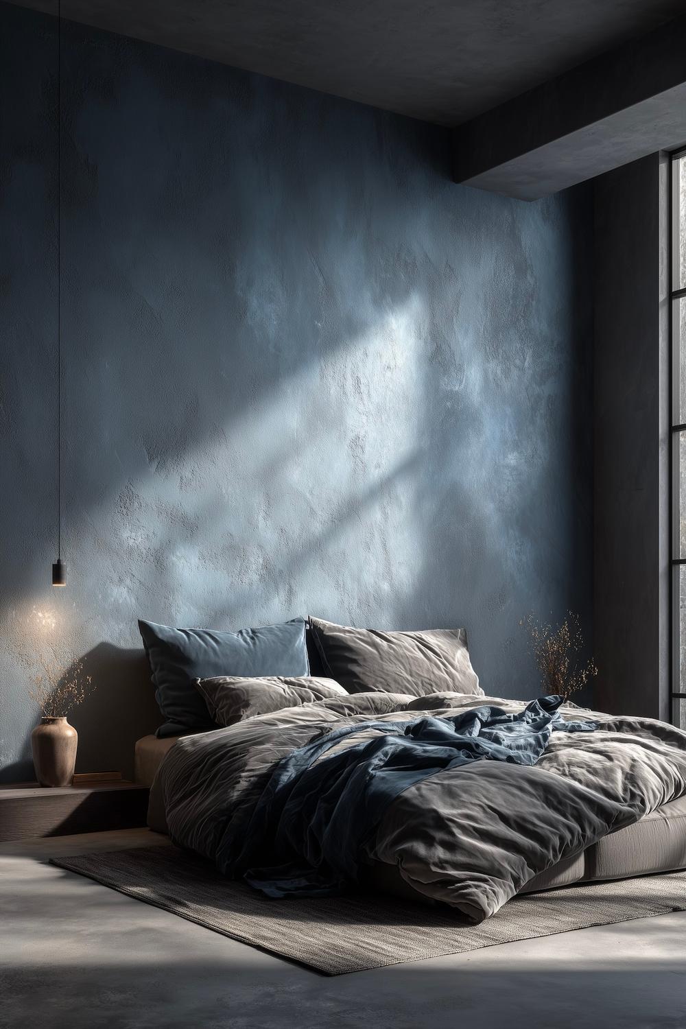 chambre mur bleu gris lit lin ombres graphiques