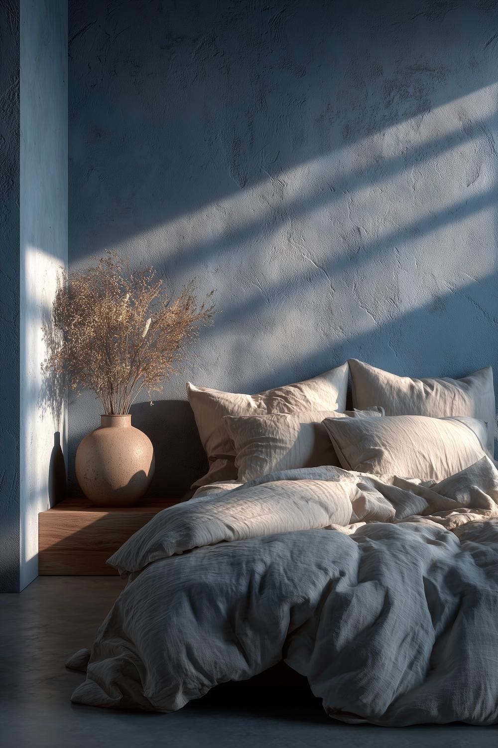 chambre mur bleu ardoise lit gris ambiance minérale