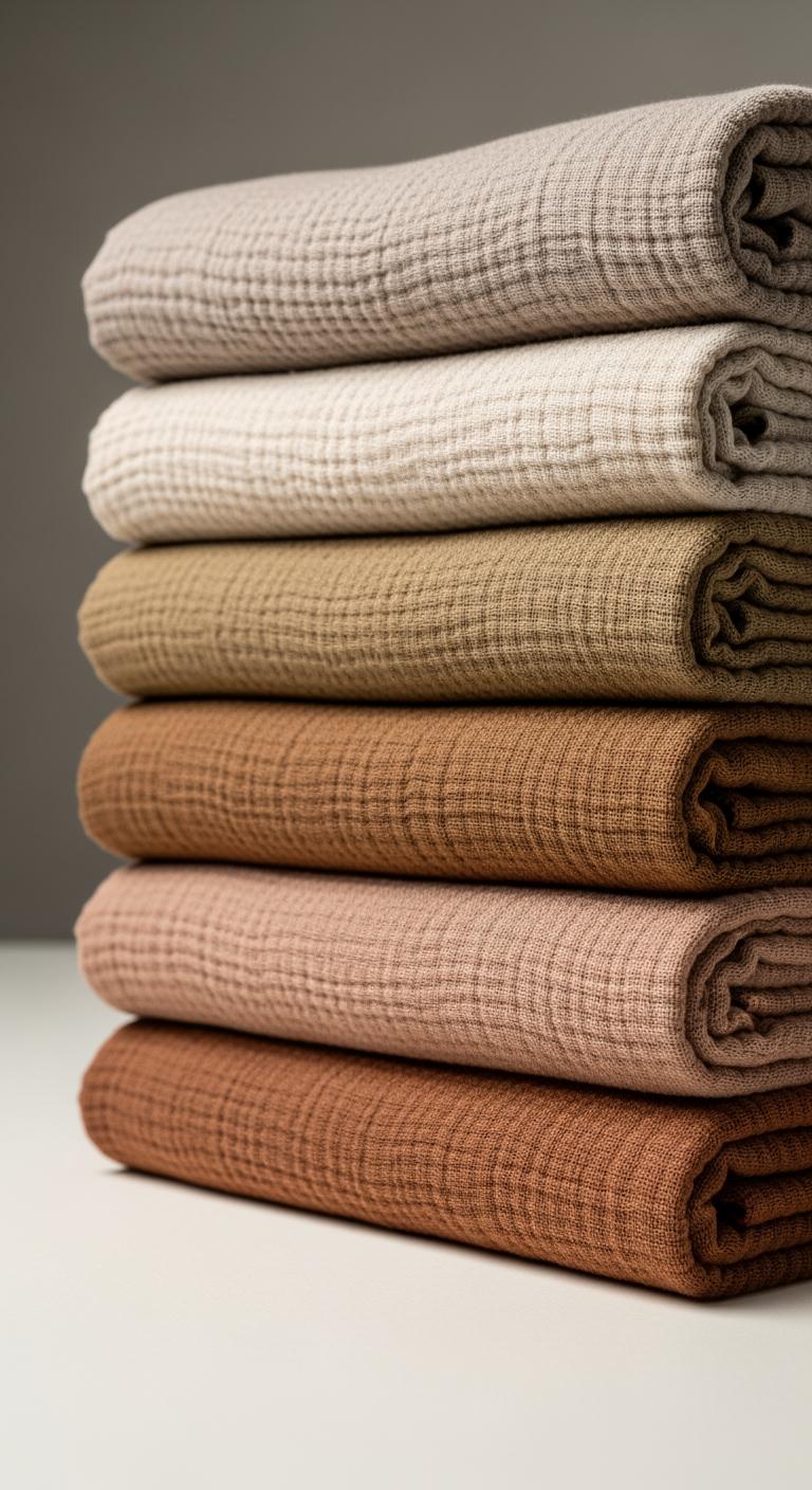 Pile de tissus en gaze de coton pliés dans des tons terreux, illustrant les différents critères de choix comme le grammage.