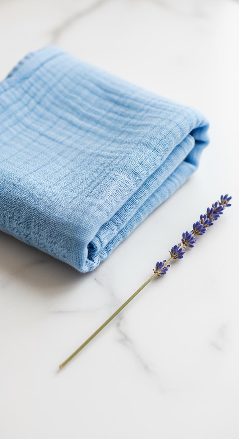 Un tissu en gaze de coton bleu ciel plié à côté d'un brin de lavande, symbolisant un entretien doux et naturel.
