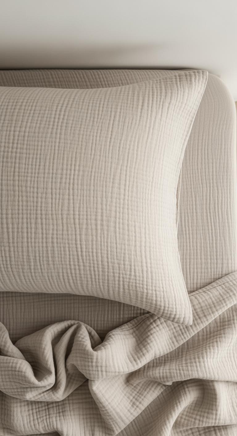 Vue de dessus d'un oreiller avec une taie en gaze de coton couleur avoine, prêt pour une nuit de sommeil sereine et confortable.