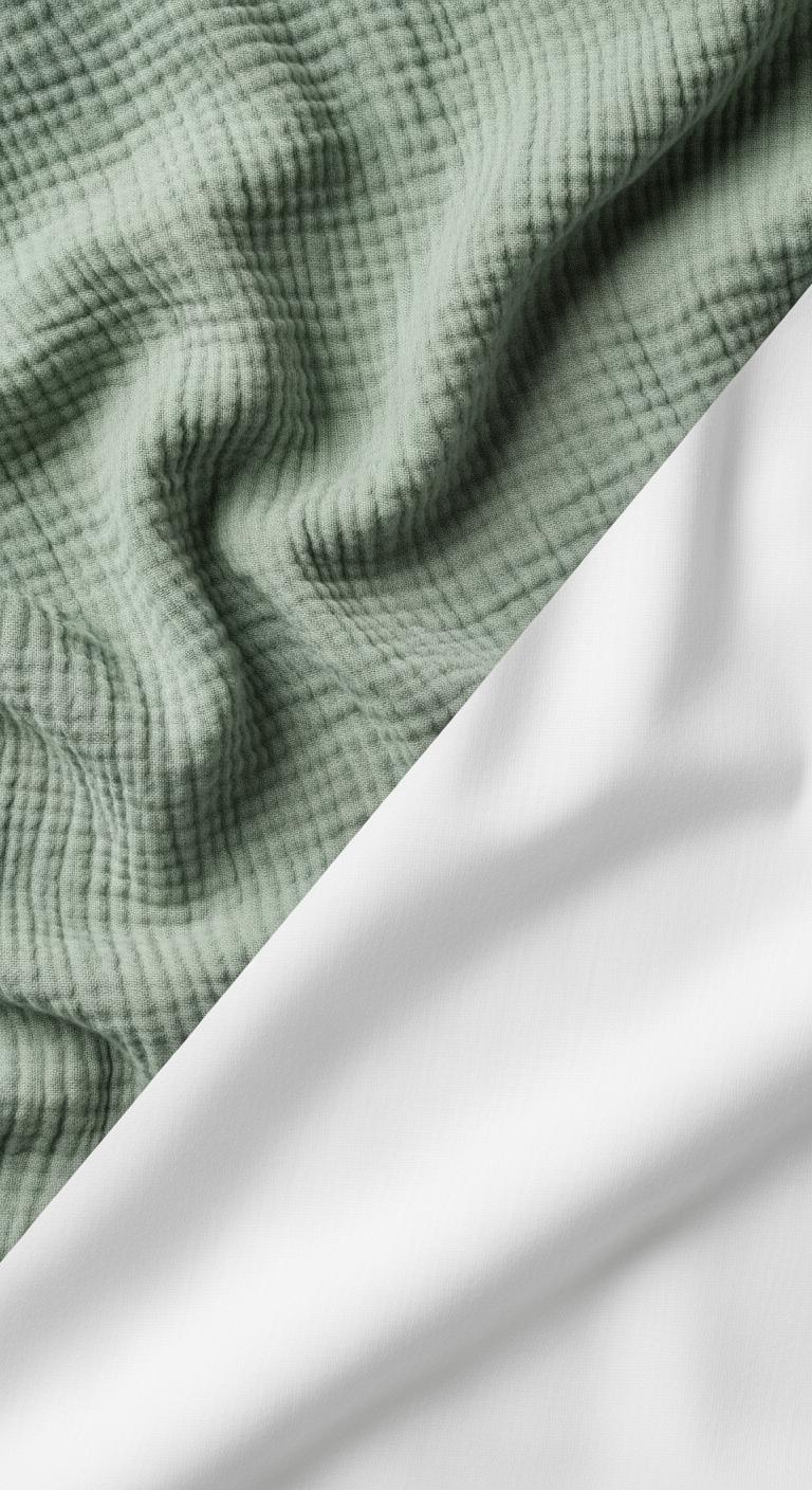 Comparaison visuelle entre la texture froissée de la gaze de coton verte et la surface lisse d'un autre tissu blanc.