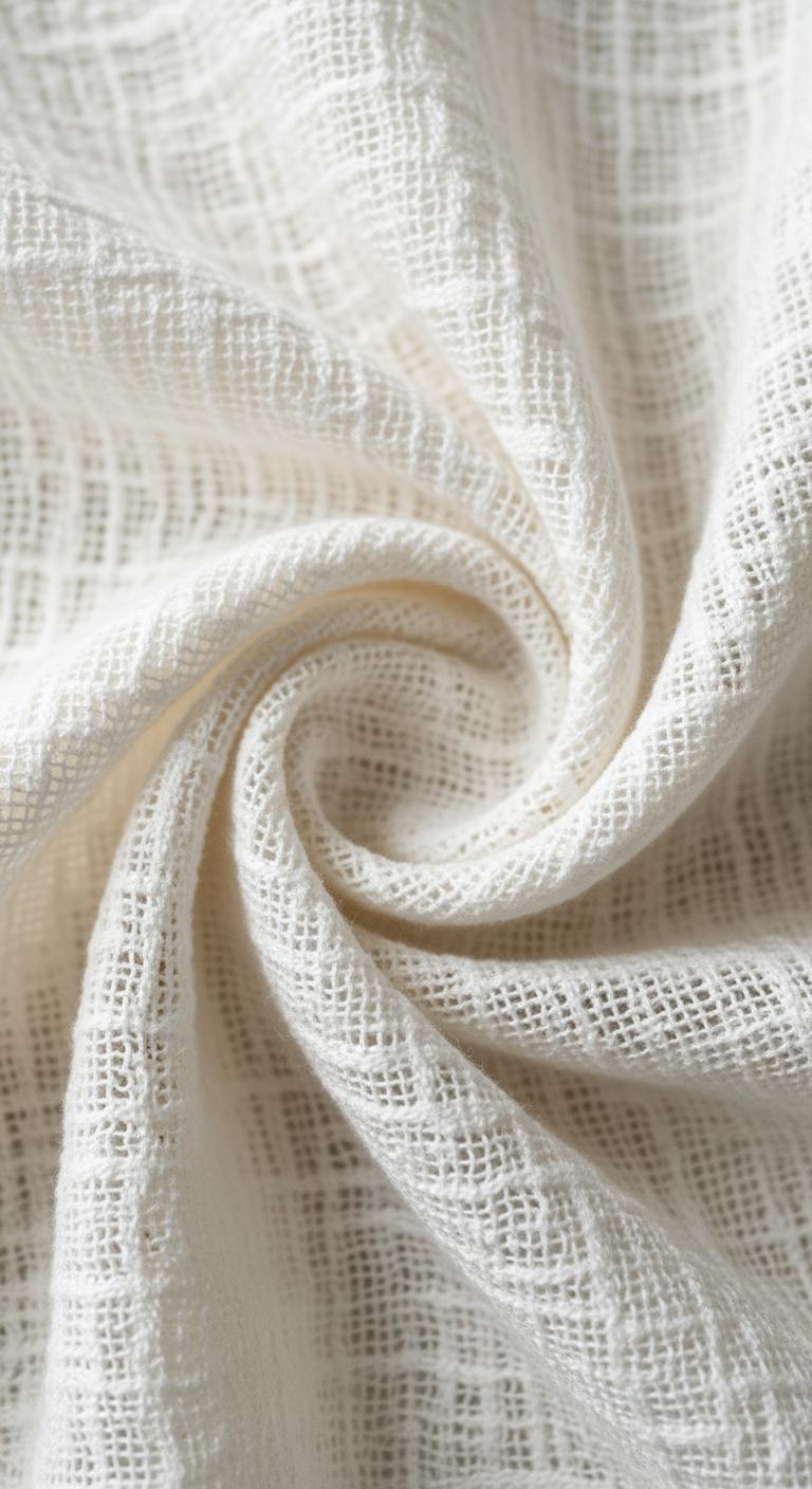 Gros plan sur la texture aérée et froissée d'un tissu en double gaze de coton blanc cassé, mettant en évidence sa douceur.