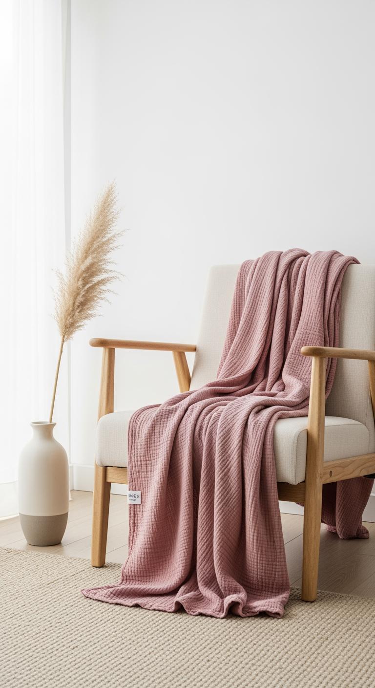Un plaid en gaze de coton rose poudré drapé sur un fauteuil design, montrant comment intégrer le tissu dans une décoration tendance.