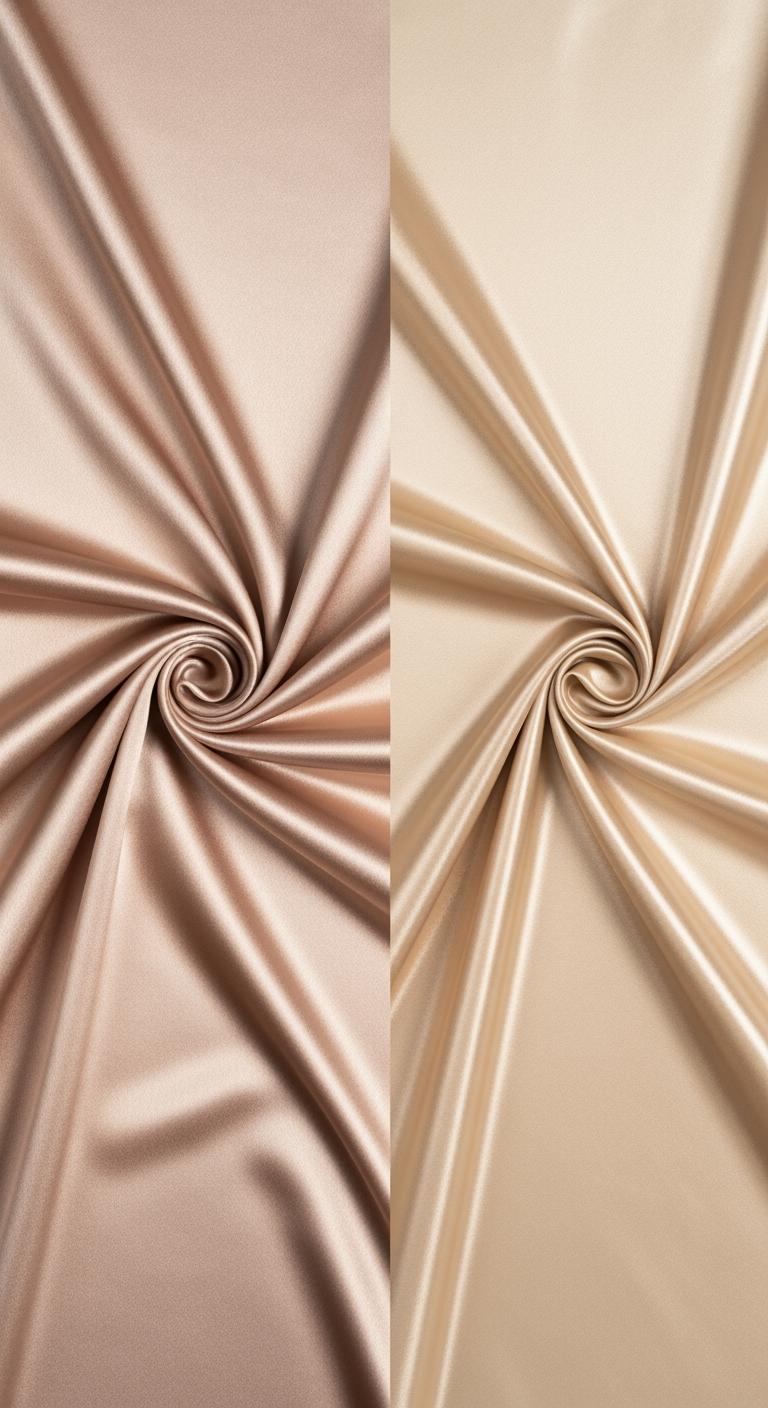 Comparaison côte à côte d'un tissu en soie au lustre nacré et d'un satin synthétique à l'éclat artificiel.
