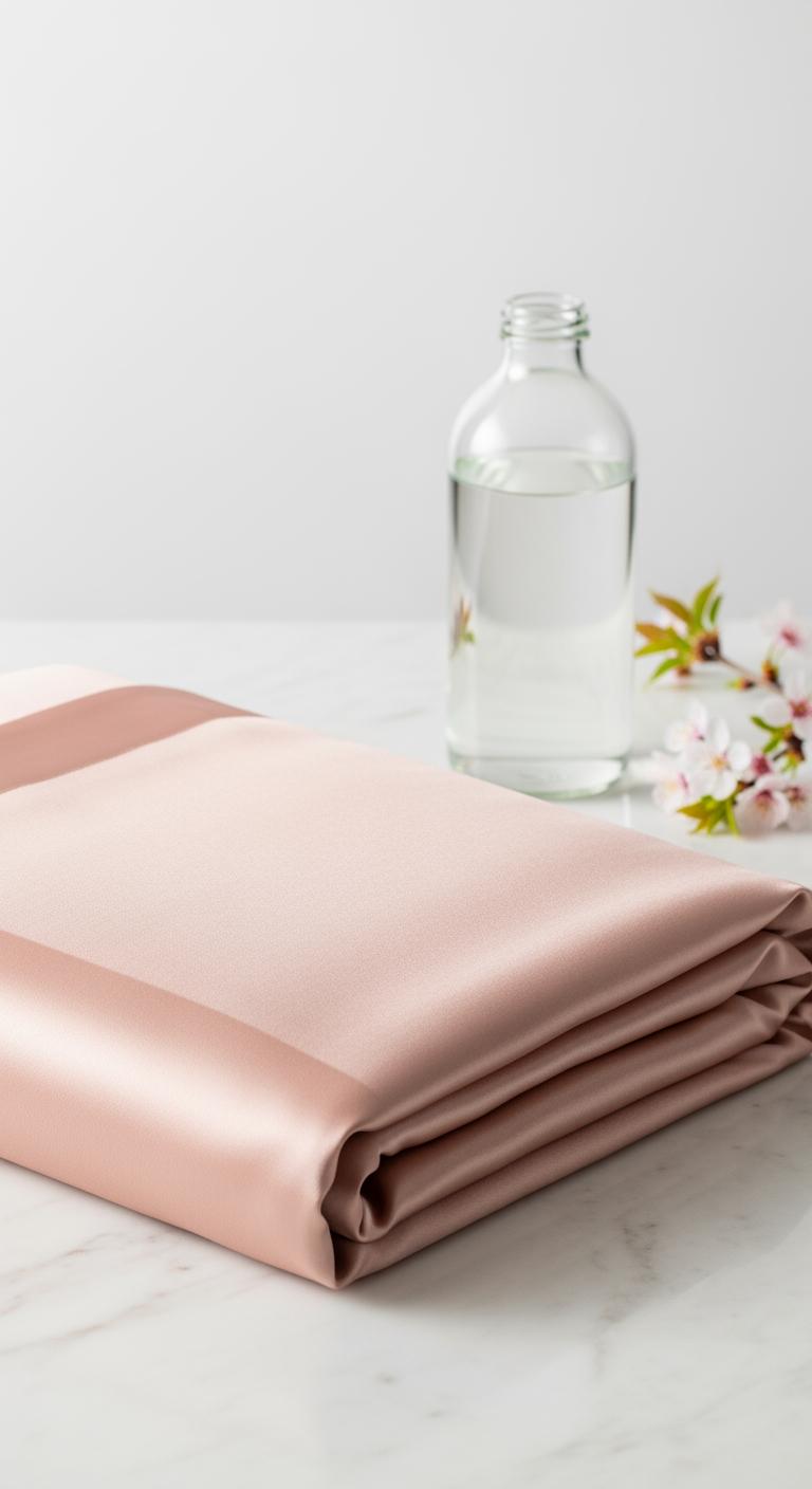 Une taie d'oreiller en soie propre et pliée à côté d'éléments suggérant un entretien doux et naturel.