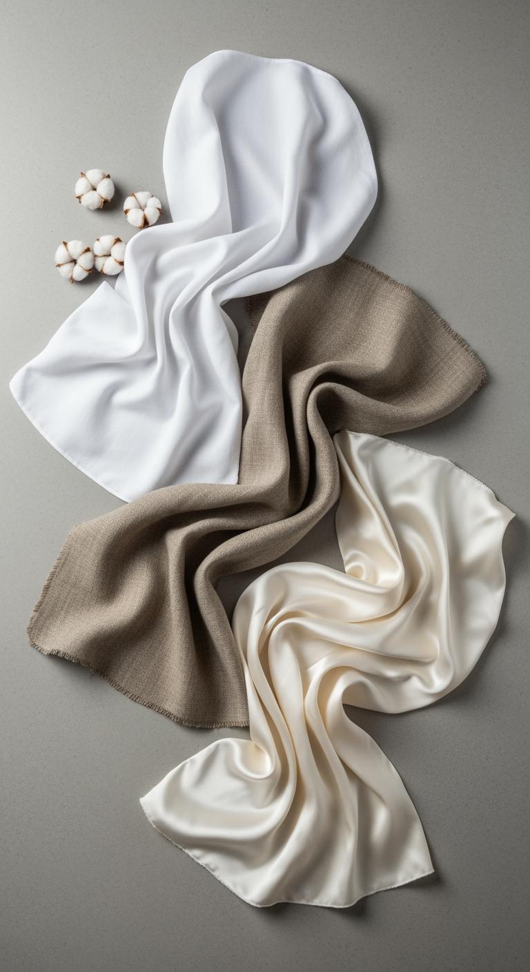 Comparaison visuelle de trois échantillons de tissus : coton, lin et soie, montrant leurs textures distinctes.