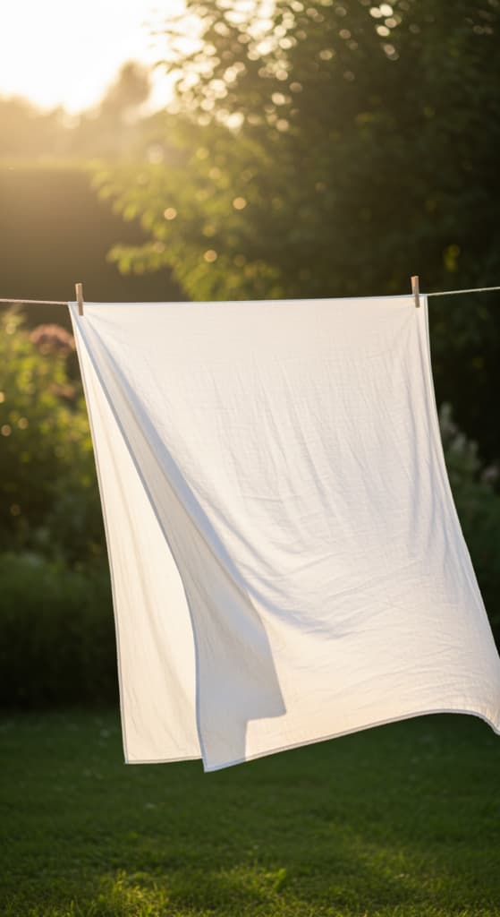 Un drap en lin blanc séchant à l'air libre sur une corde à linge pendant le coucher du soleil, évoquant un soin doux et durable.