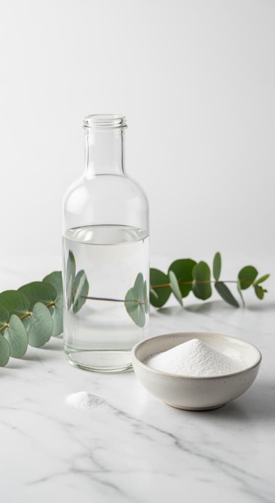 Une composition épurée de vinaigre blanc et de bicarbonate de soude, représentant des additifs de lessive naturels et stratégiques.