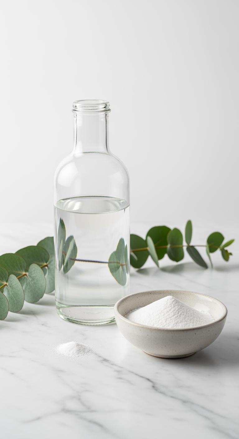 Une composition épurée de vinaigre blanc et de bicarbonate de soude, représentant des additifs de lessive naturels et stratégiques.