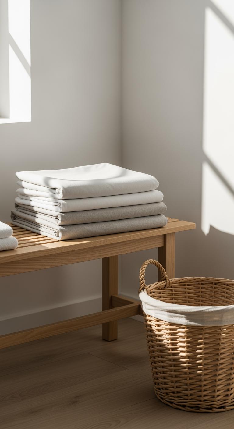 Une pile de draps neufs en fibres naturelles, pliés à côté d'un panier à linge, symbolisant la préparation avant le premier lavage.