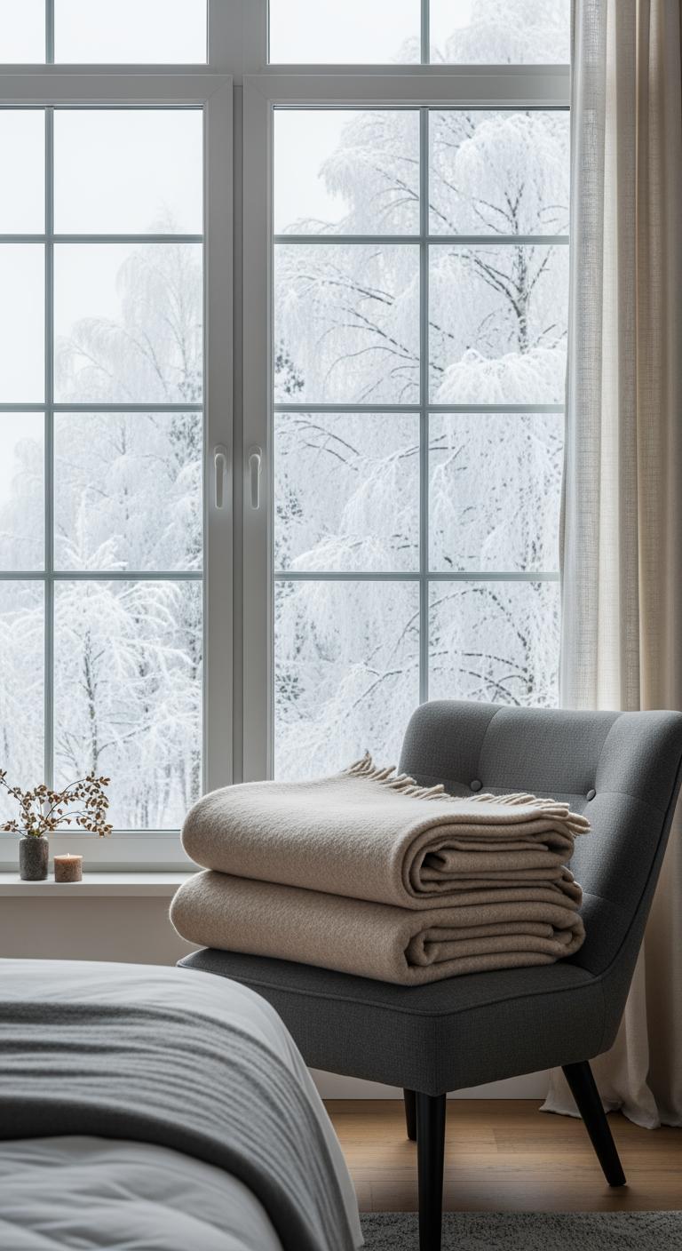 Un coin de chambre confortable avec une couverture épaisse sur un fauteuil, tandis qu'un paysage d'hiver est visible par la fenêtre.