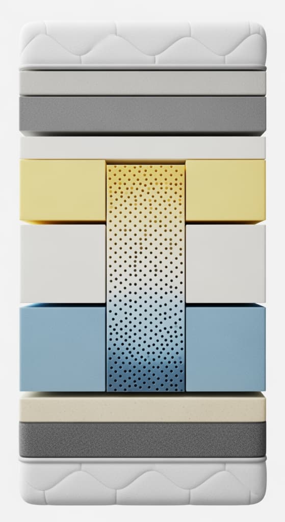 Coupe transversale d'un matelas moderne montrant différentes couches et zones de confort différenciées.