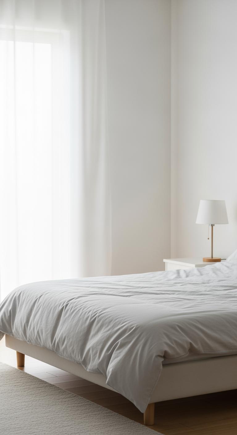 Un coin de chambre paisible et bien rangé au petit matin, évoquant un sommeil réparateur et un réveil sans douleur.