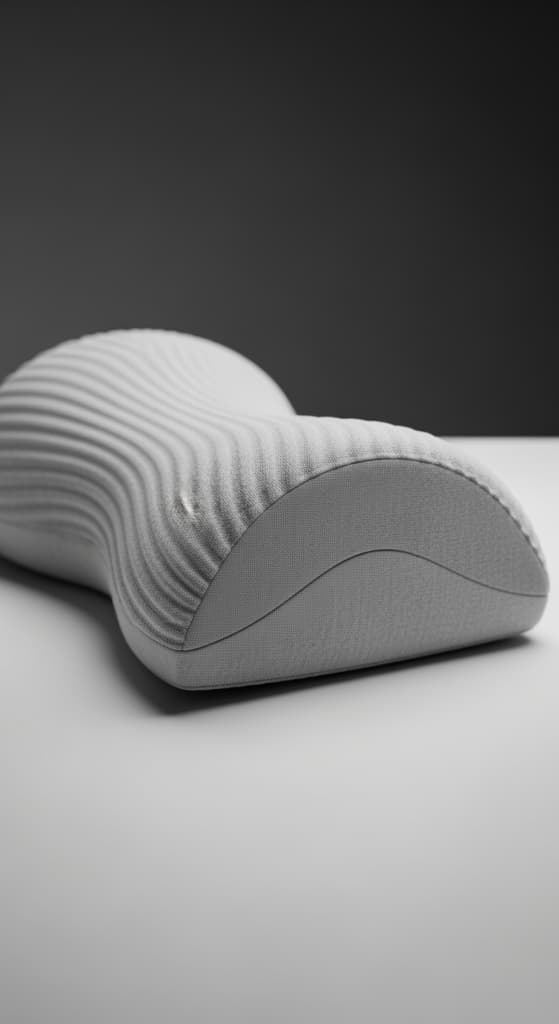 Un oreiller ergonomique avec une forme incurvée pour le soutien du cou, photographié en gros plan sur un fond neutre.
