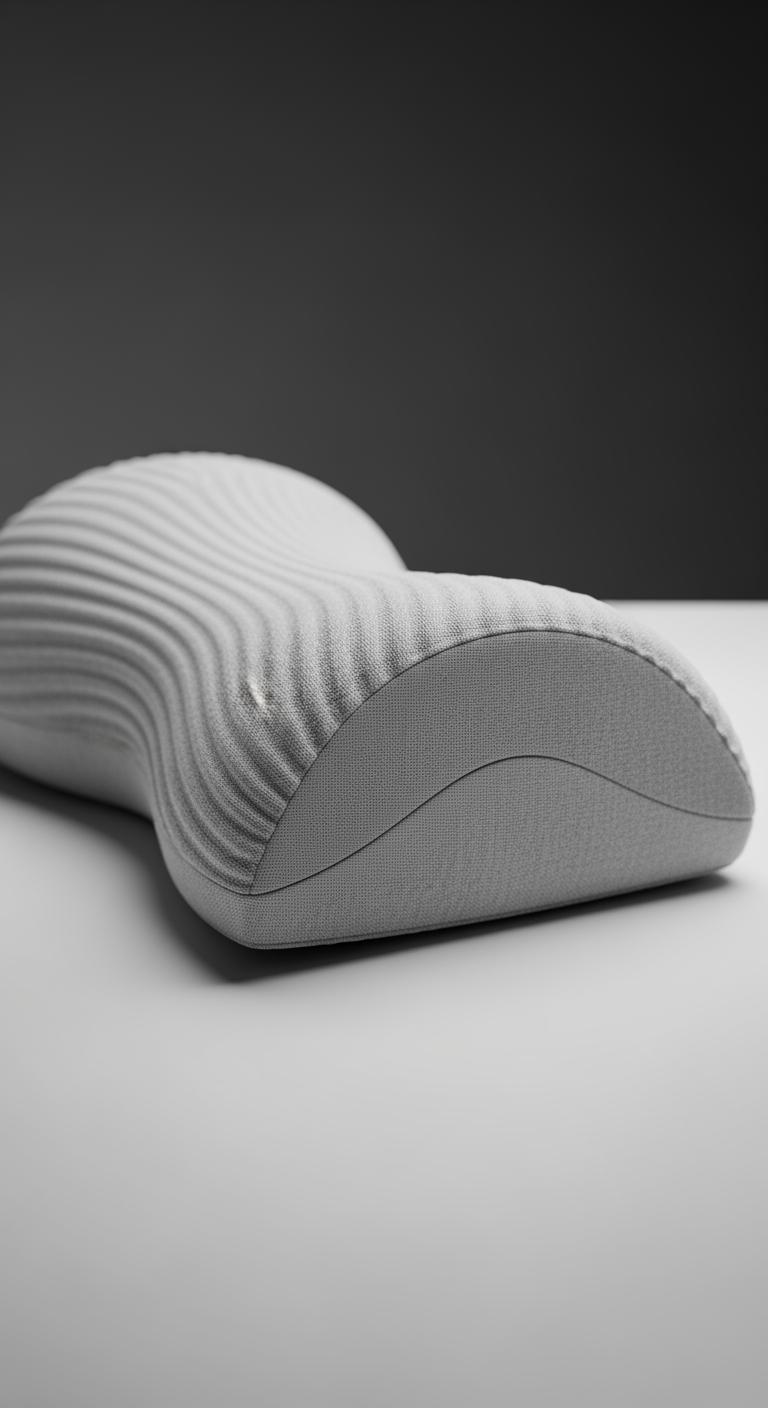 Un oreiller ergonomique avec une forme incurvée pour le soutien du cou, photographié en gros plan sur un fond neutre.