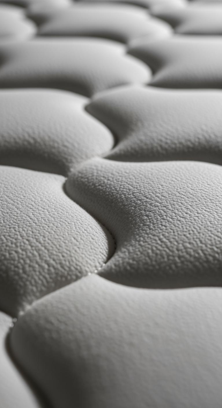 Vue en macro d'une housse de matelas matelassée de haute qualité, évoquant le confort et l'accueil moelleux.