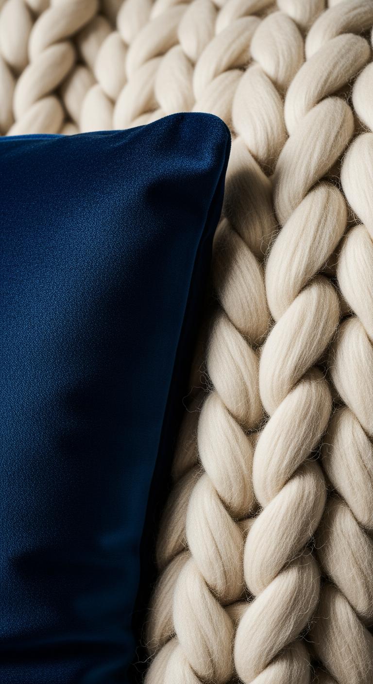 Gros plan texturé d'un coussin en velours bleu marine contre un plaid en grosse maille couleur crème, une combinaison de matières tendance.