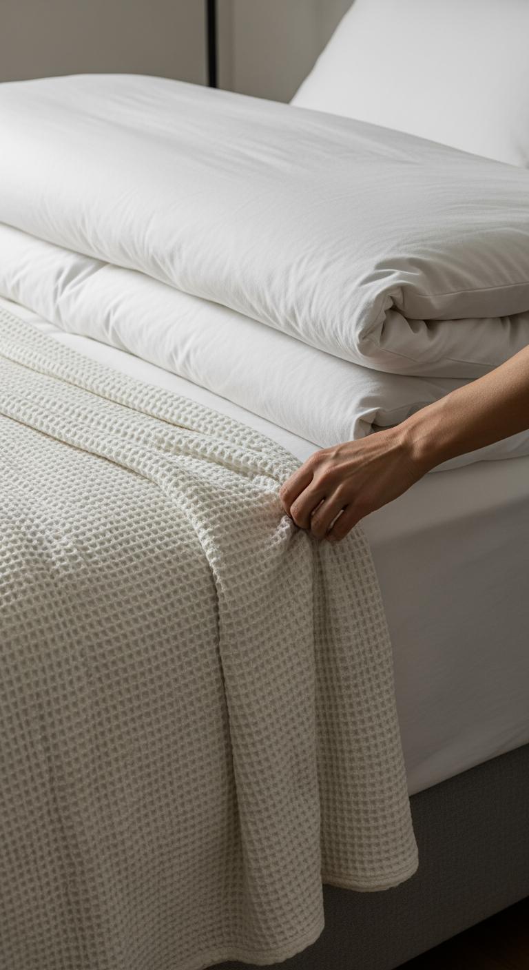 Un lit en cours de préparation, montrant une couette pliée et une couverture en coton gaufré partiellement posée, illustrant la méthode de superposition.