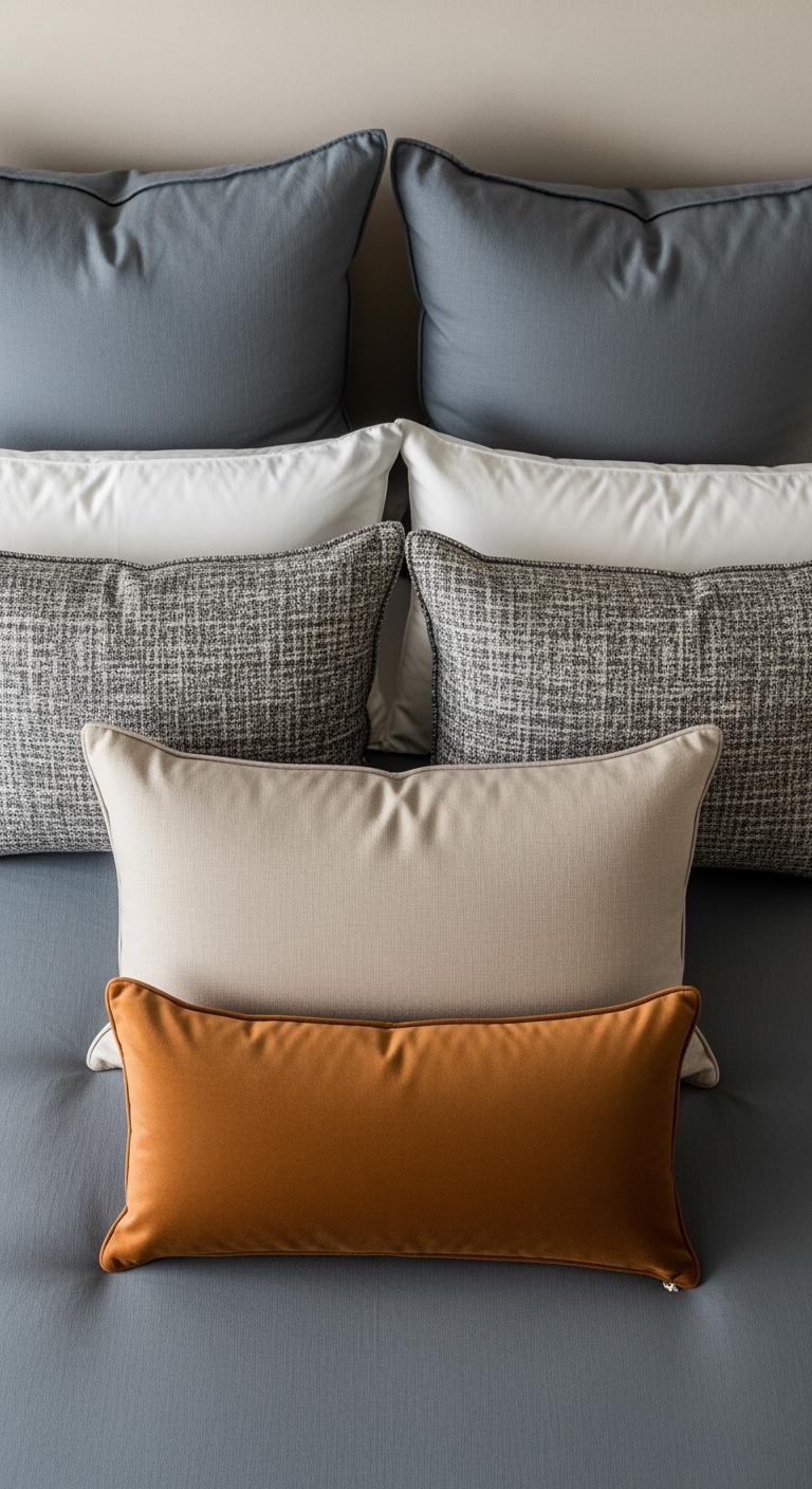 Vue de dessus d'un arrangement de coussins de différentes tailles et formes sur un lit, montrant le jeu des proportions.