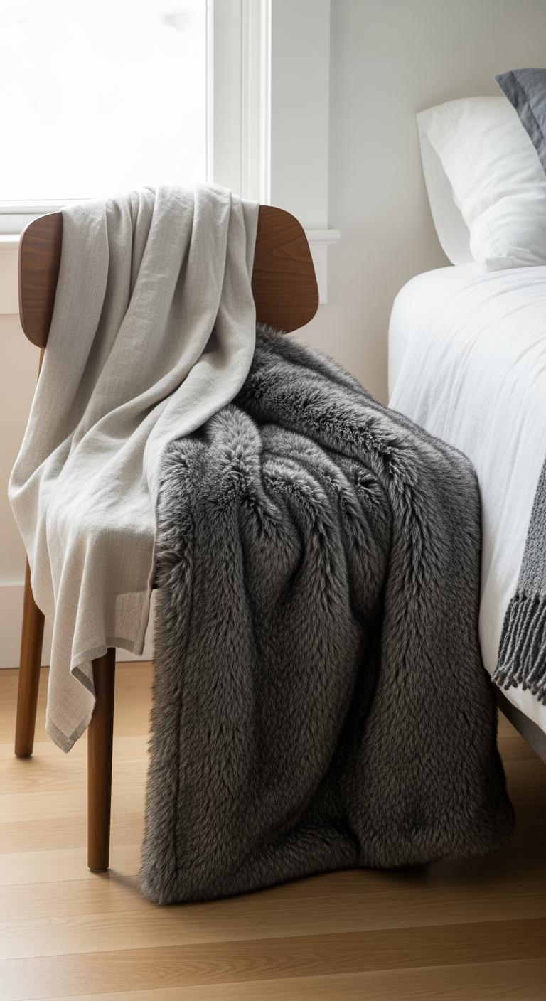 Une chaise en bois avec un plaid léger en lin et une couverture épaisse en fausse fourrure, symbolisant l'adaptation du lit aux saisons.
