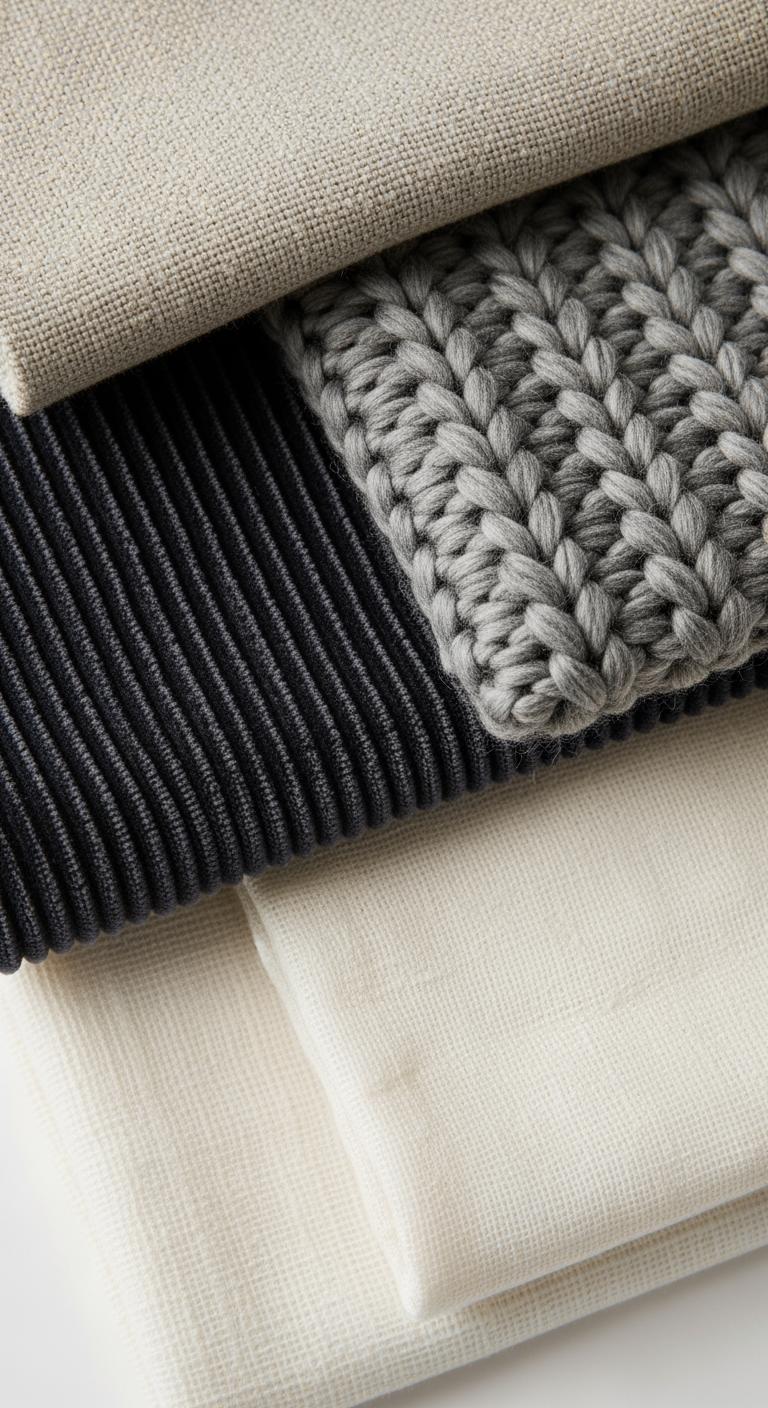 Gros plan sur une pile d'échantillons de tissus pliés : lin lavé, velours côtelé et laine, illustrant les principes du layering.