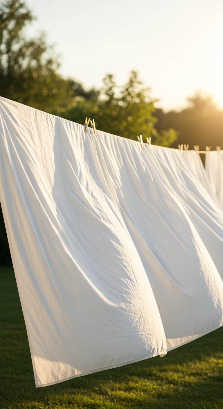 Draps blancs et propres séchant sur une corde à linge en extérieur au coucher du soleil, évoquant un entretien doux et naturel.