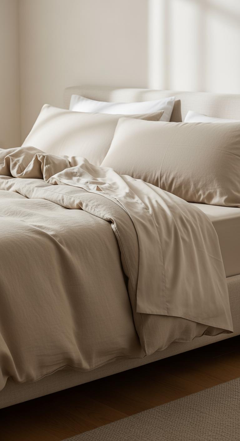 Le coin d'un lit parfaitement fait avec des draps apaisants en lin et Tencel, créant une ambiance de chambre sereine et invitante.