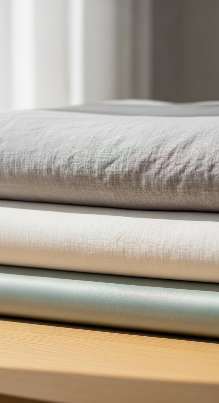 Pile de draps pliés de différentes matières naturelles (lin, coton bio, Tencel) pour comparer leurs textures.