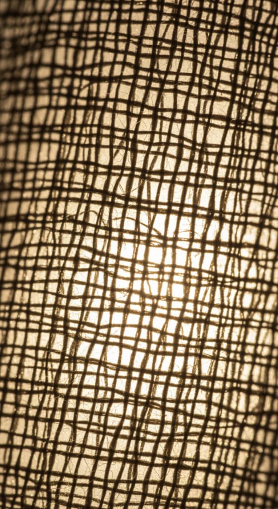 Gros plan sur la texture d'un tissu naturel et respirant, la lumière passant à travers ses fibres pour illustrer la thermorégulation.