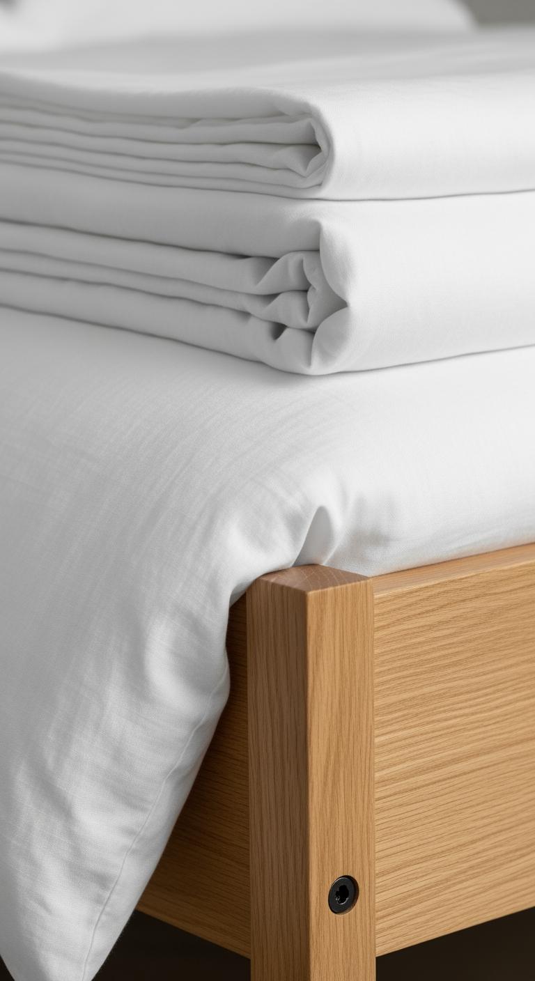 Pile de draps plats en lin de haute qualité, soigneusement pliés, présentés comme une alternative fraîche à une couette épaisse.