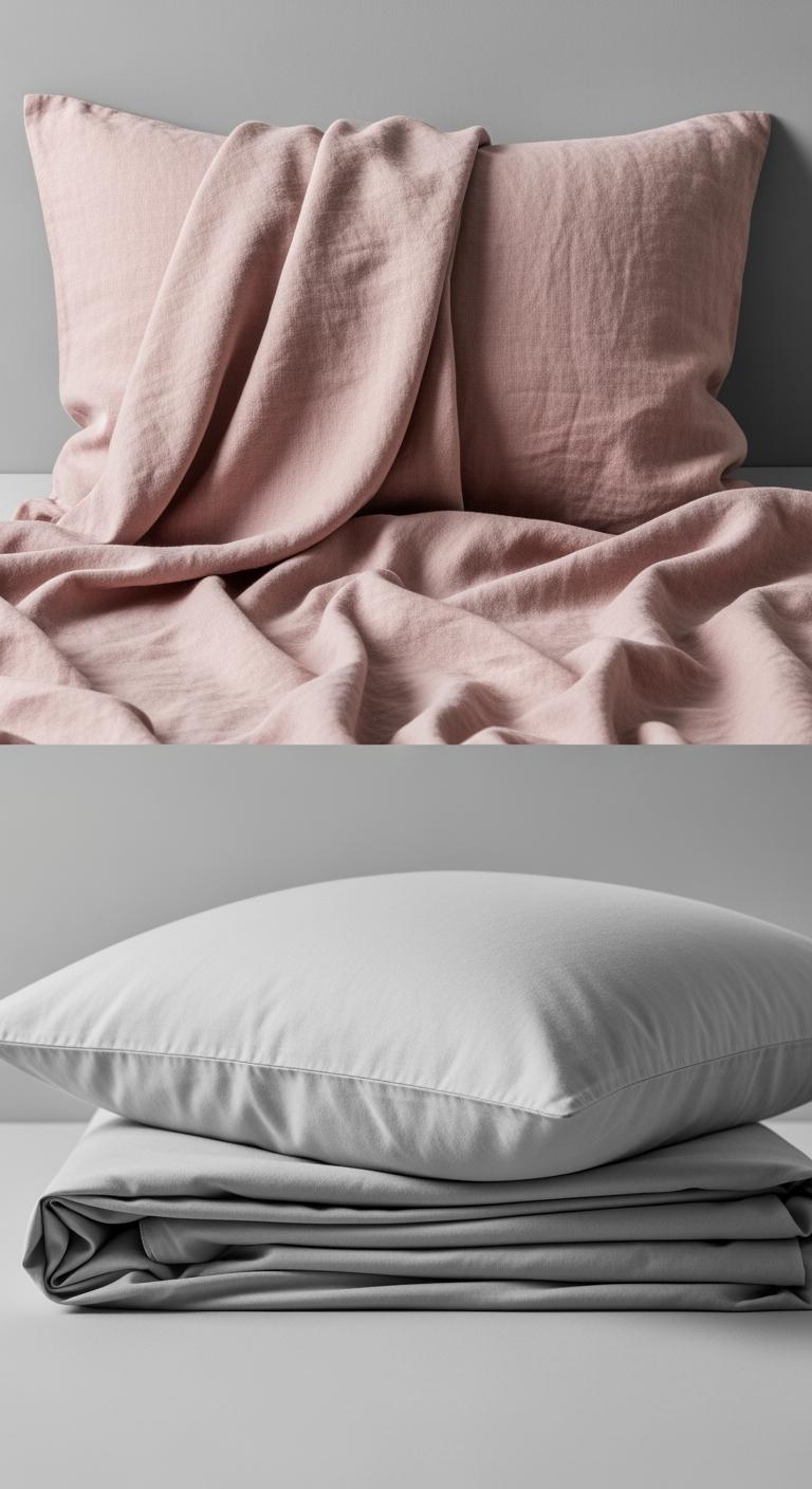 Comparaison visuelle entre une taie d'oreiller en lin souple en haut et une taie en percale lisse en bas.