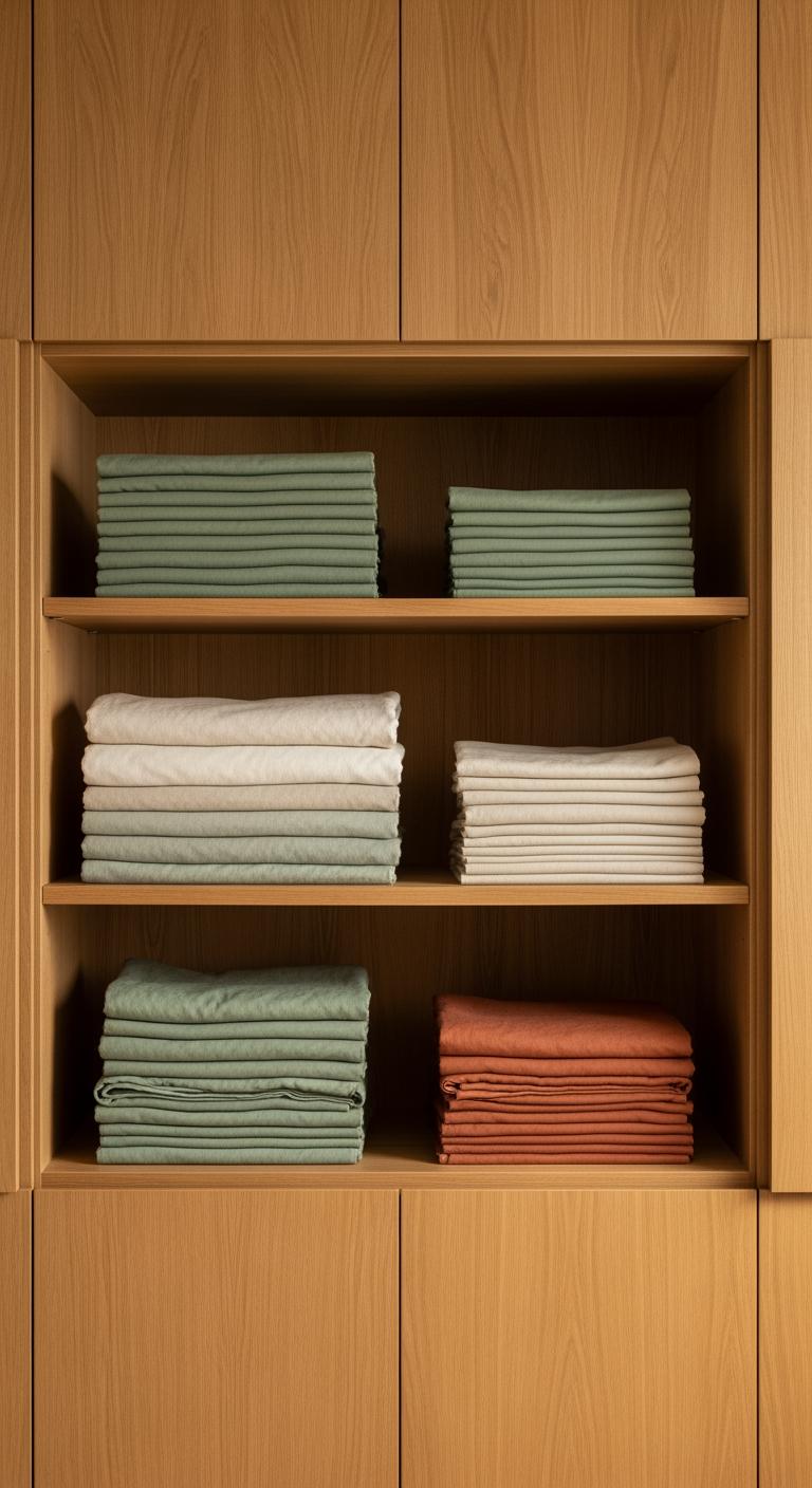 Étagères de placard en bois clair parfaitement organisées avec des piles de draps aux couleurs harmonieuses, évoquant une routine d'entretien réussie.